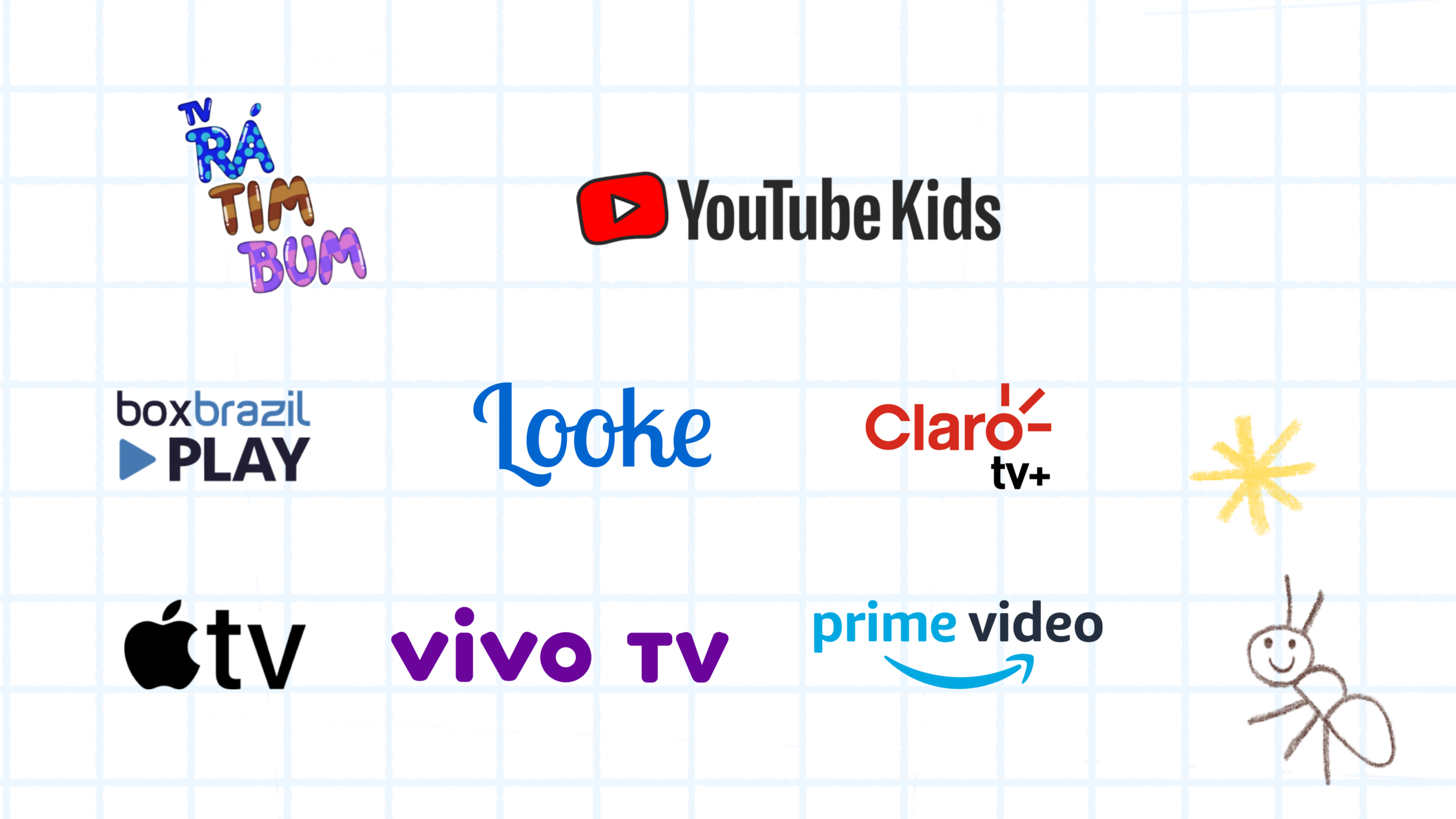 Quadro lúdico mostrando os canais e plataformas de streaming onde a série infantil Esse é o Bicho está disponível: TV Rá Tim Bum, YouTube Kids, Box Brazil Play, Looke, Claro TV+, Apple TV, Vivo TV e Prime Video.